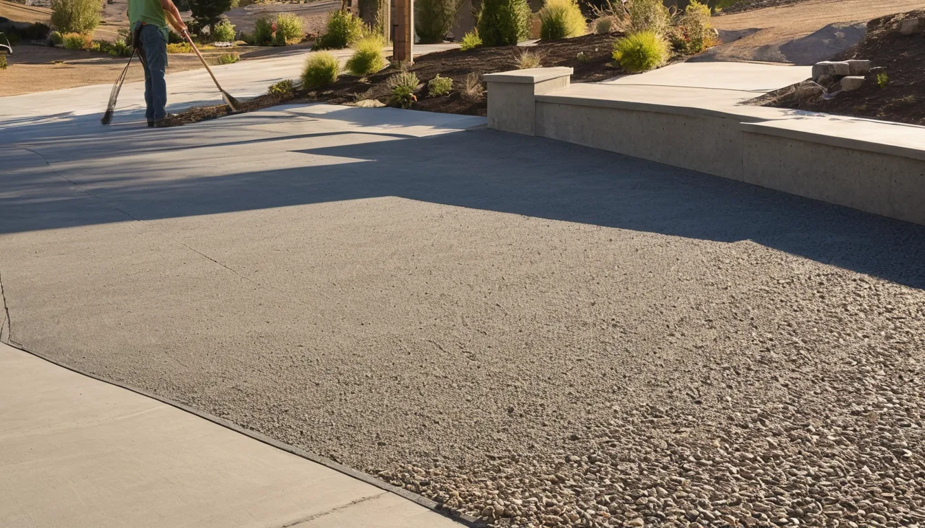 A newly poured concrete driveway leading to a frame home with a stucco and wood exterior in Castle Pines